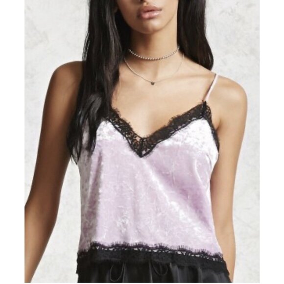 FOREVER 21 Women Crushed Velvet Lace Sleeveless Tank Crop Top Size S Lavender - Picture 1 of 6